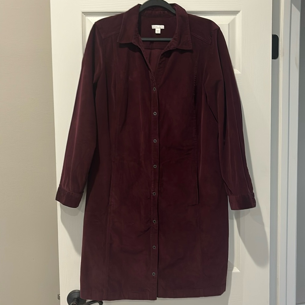 J. Jill Corduroy Button Front Shirt Dress Burgundy size L